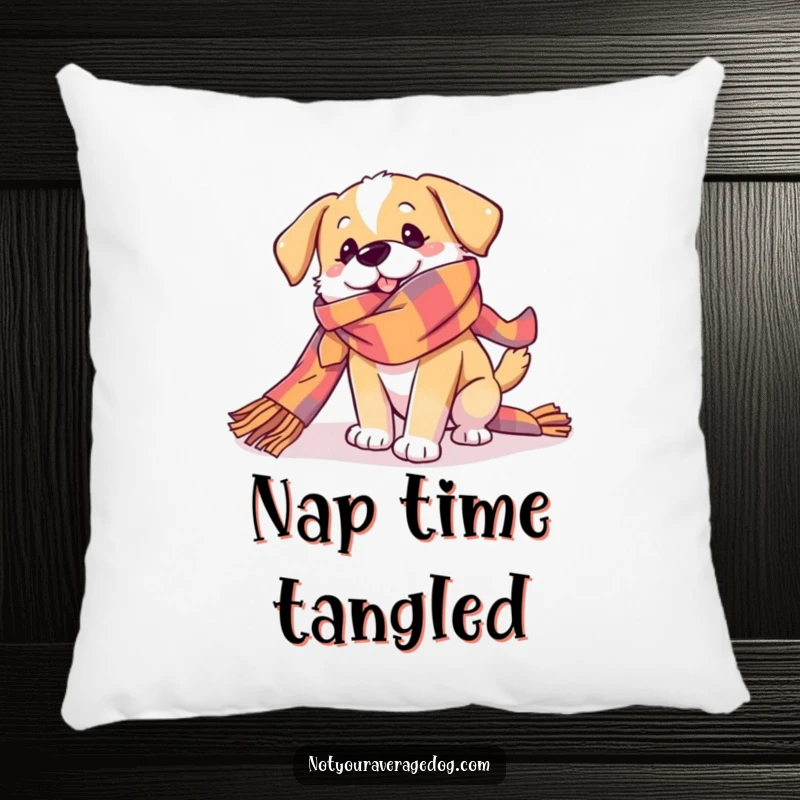 Funny Dog Pillow featuring a dog playfully tangled in a very long, colorful scarf, offering comfort and a charming dose of lighthearted absurdity.