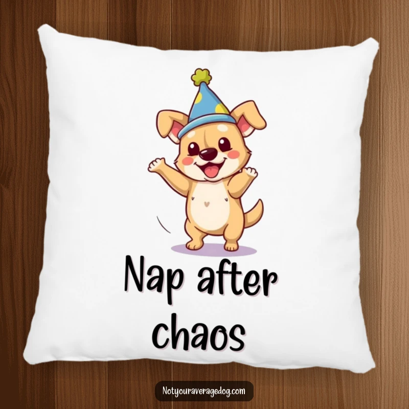 Funny dog wearing a silly hat, caught in a clumsy spin, on a plush pillow.