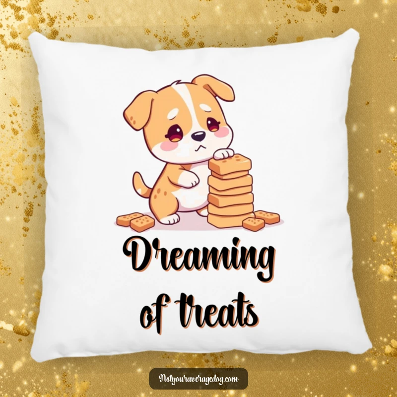 Funny confused dog struggling to balance treats, on a soft, humorous pillow.
