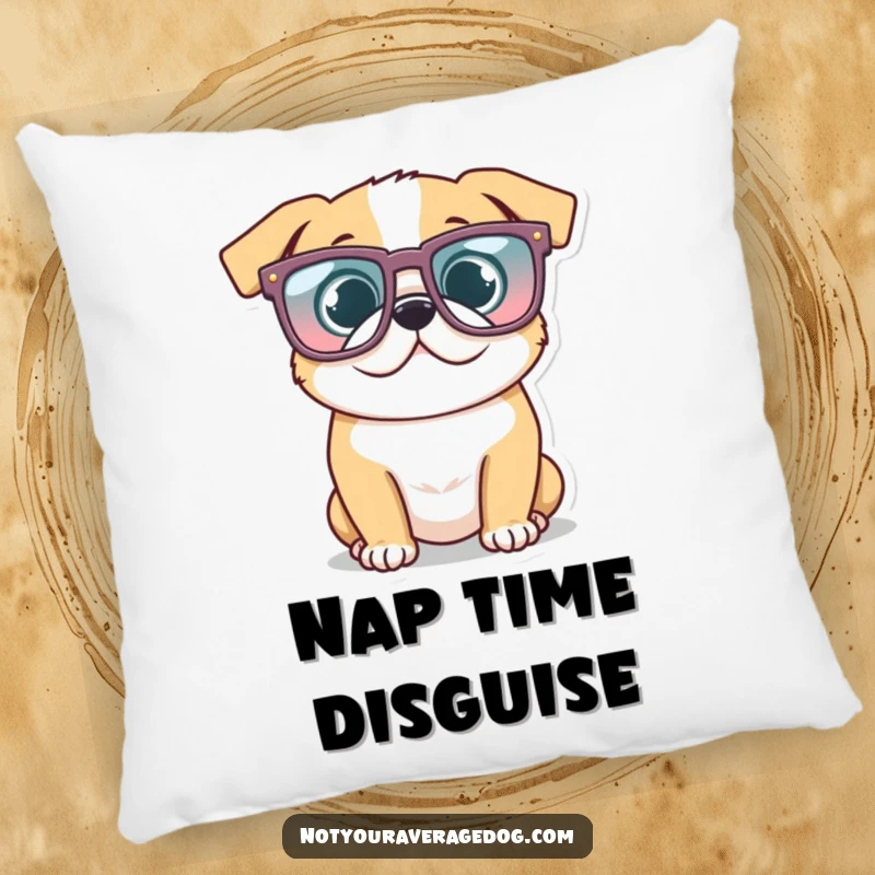 Funny Glasses Dog Pillow: Dog wearing oversized, funny glasses, offering cozy comfort and a quirky touch.