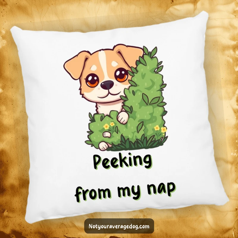 Funny Pillow depicting a dog with large, comical googly eyes peeking out from behind a bush, offering a soft and amusing touch.