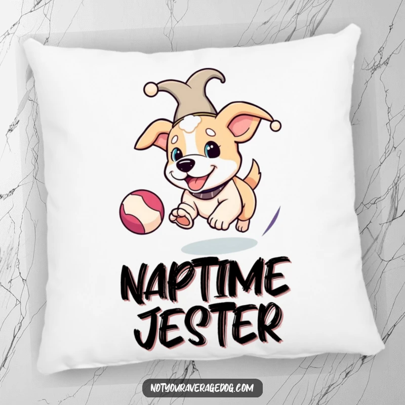 Funny Jester Dog Pillow: Cozy dog wearing a jester hat, playfully chasing a ball, offering soft humor.
