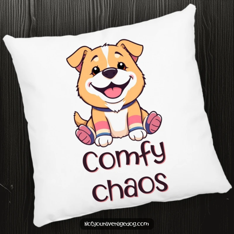 Funny pillow featuring a dog wearing mismatched socks and a silly grin, perfect for adding a whimsical touch to any seating area.