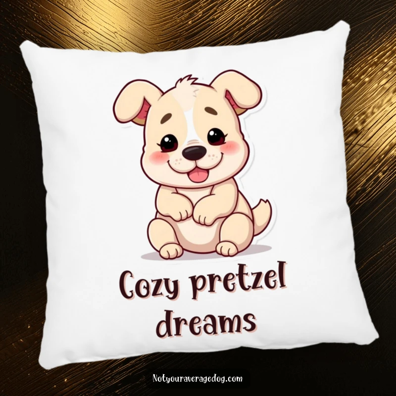 Funny dog in a pretzel shape on a plush pillow, offering humorous comfort and style.