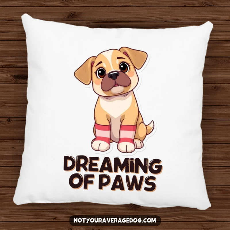 Funny Pillow: Bewildered puppy looking confused in oversized, mismatched socks, offering comfort and a dose of adorable humor.