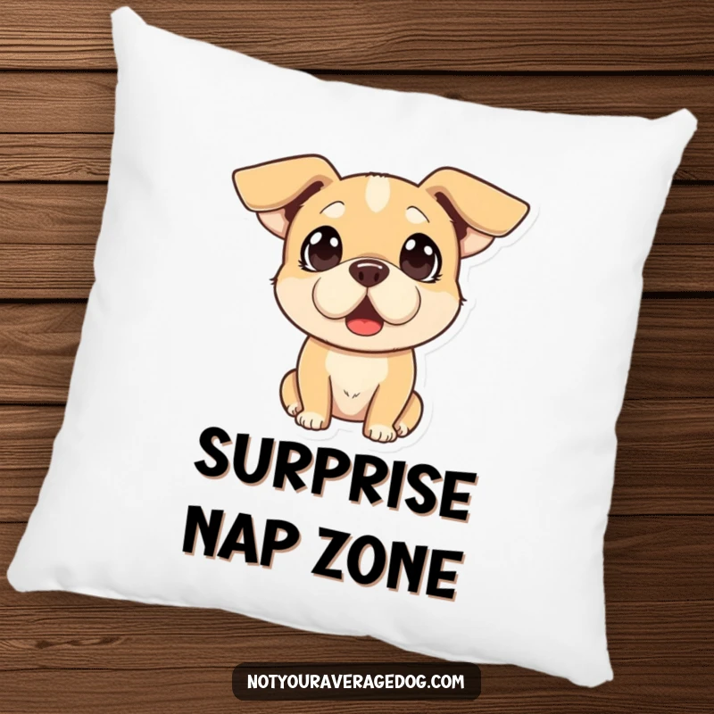 Funny pillow with a dog's comically surprised expression and mismatched floppy ears, offering comfort and whimsical charm.