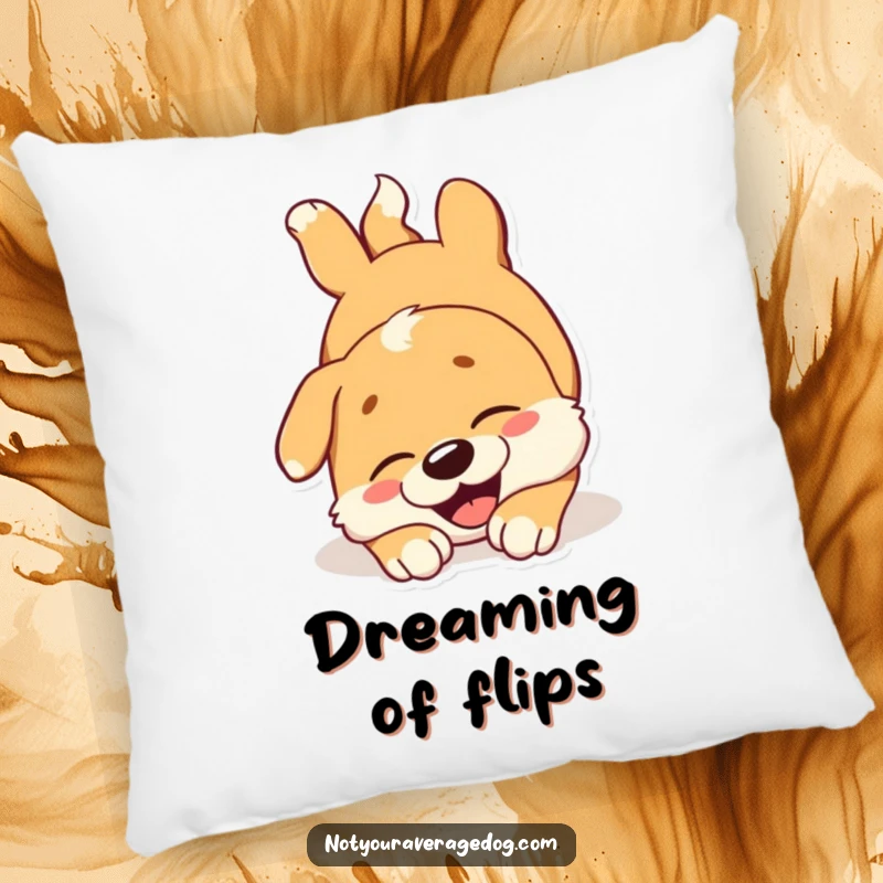 Funny dog pillow showcasing a joyous dog tumbling head over paws, perfect for cozy, cheerful decor.