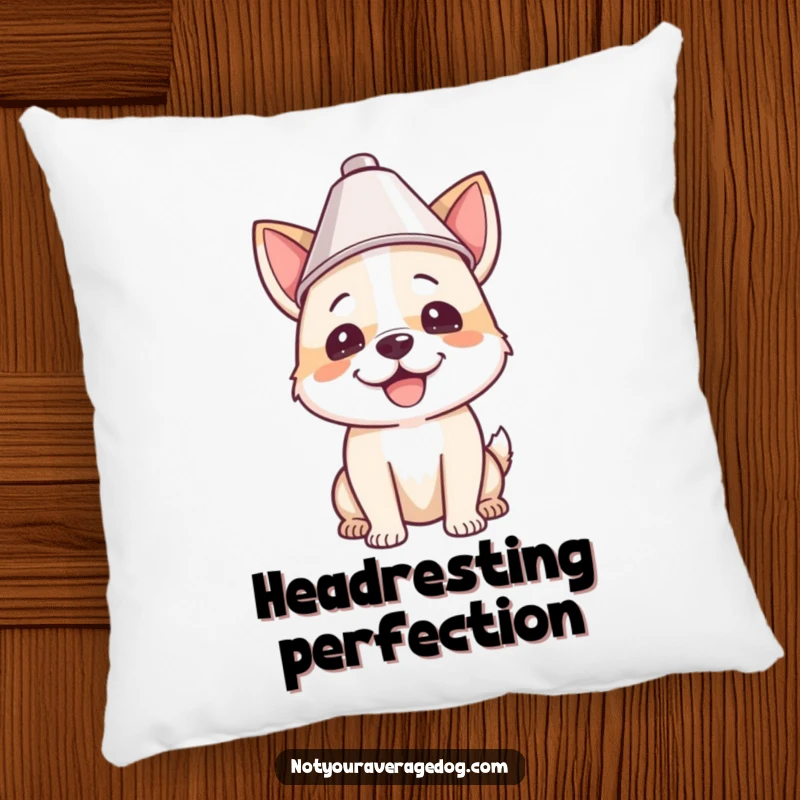 Funny pillow design of a pleased dog wearing a lampshade on its head, adding a touch of quirky charm to any seating area.