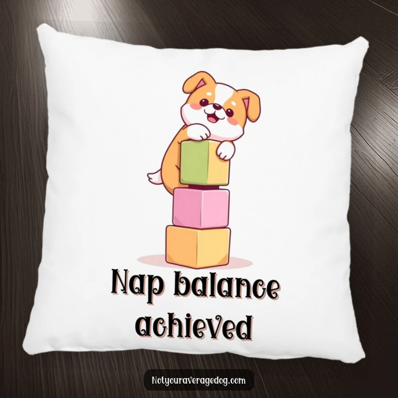 Funny pillow showcasing a dog hilariously trying to balance a tower of wobbly cubes, adding a touch of silliness to decor.
