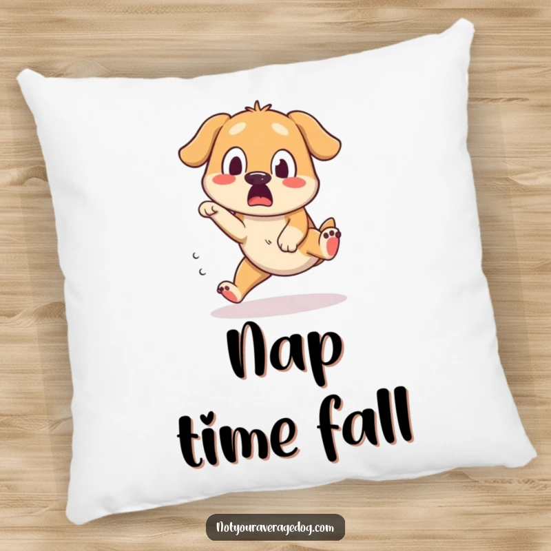 Funny pillow featuring a dog mid-trip over its own feet, captured with a surprised and silly expression.