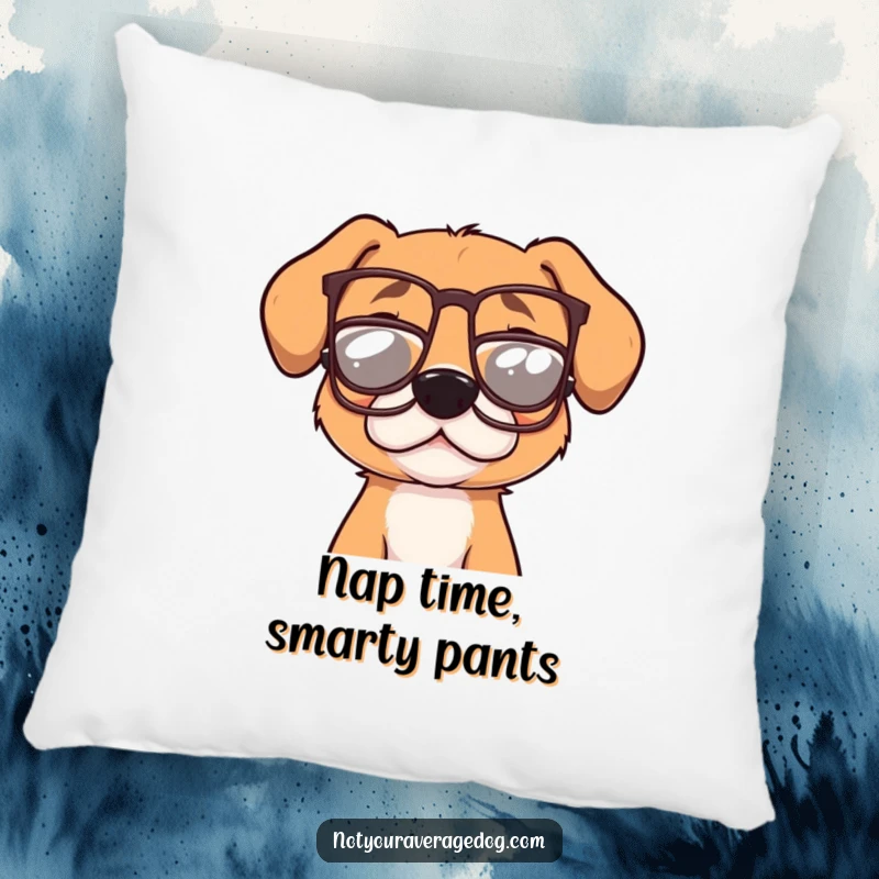 Funny dog with small, crooked glasses resting on a decorative pillow, a whimsical and cozy addition to any room.