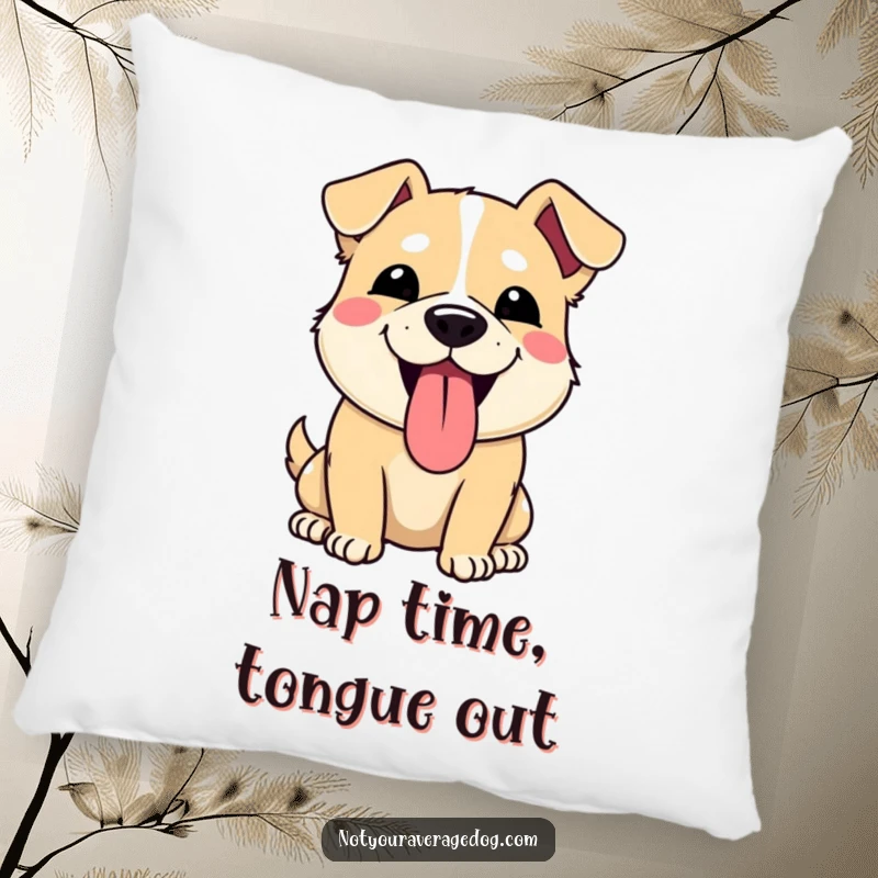 Funny pillow featuring a dog making a comical tongue-out face. Soft, decorative, and full of playful humor.