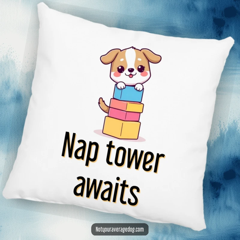 Funny Balancing Dog Pillow: Dog balancing colorful blocks, offering cozy comfort and a touch of humorous skill.