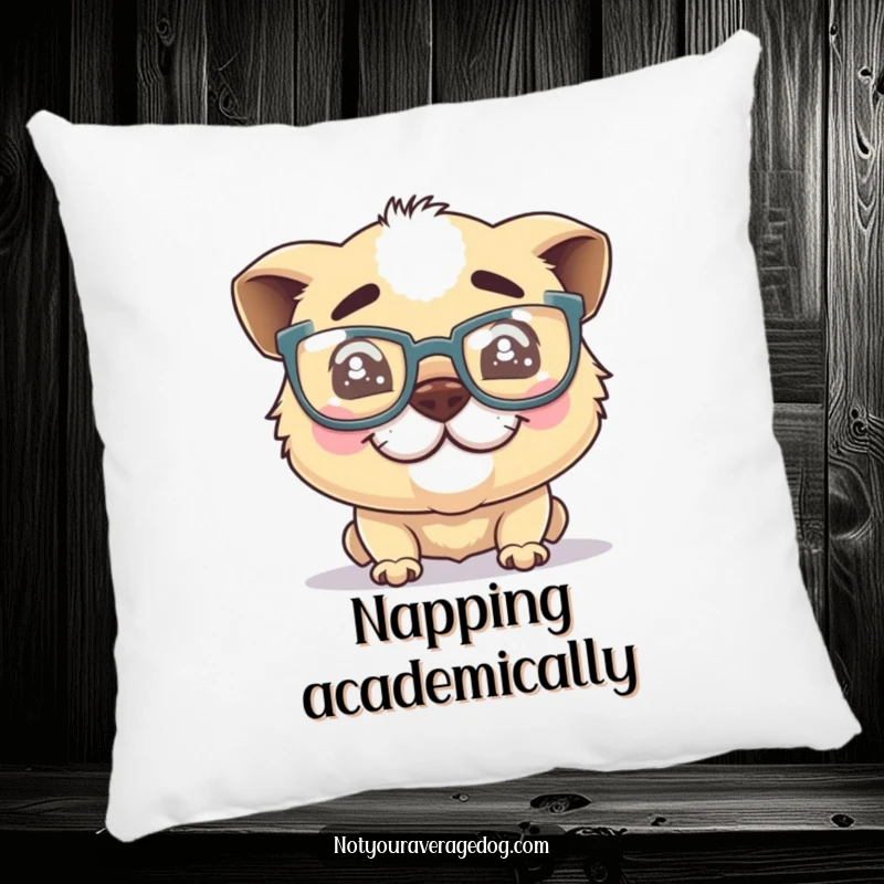 Funny dog glasses pillow, a silly dog character with oversized glasses and a crooked grin, offering comfort and playful humor.