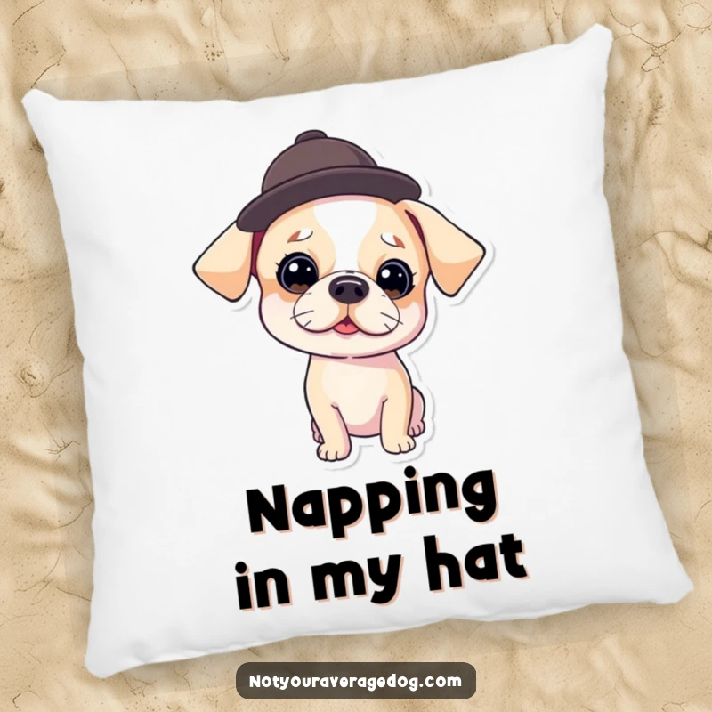 Funny Pillow depicting a dog with a tiny hat tilted comically, offering a soft, huggable dose of playful charm and humor.
