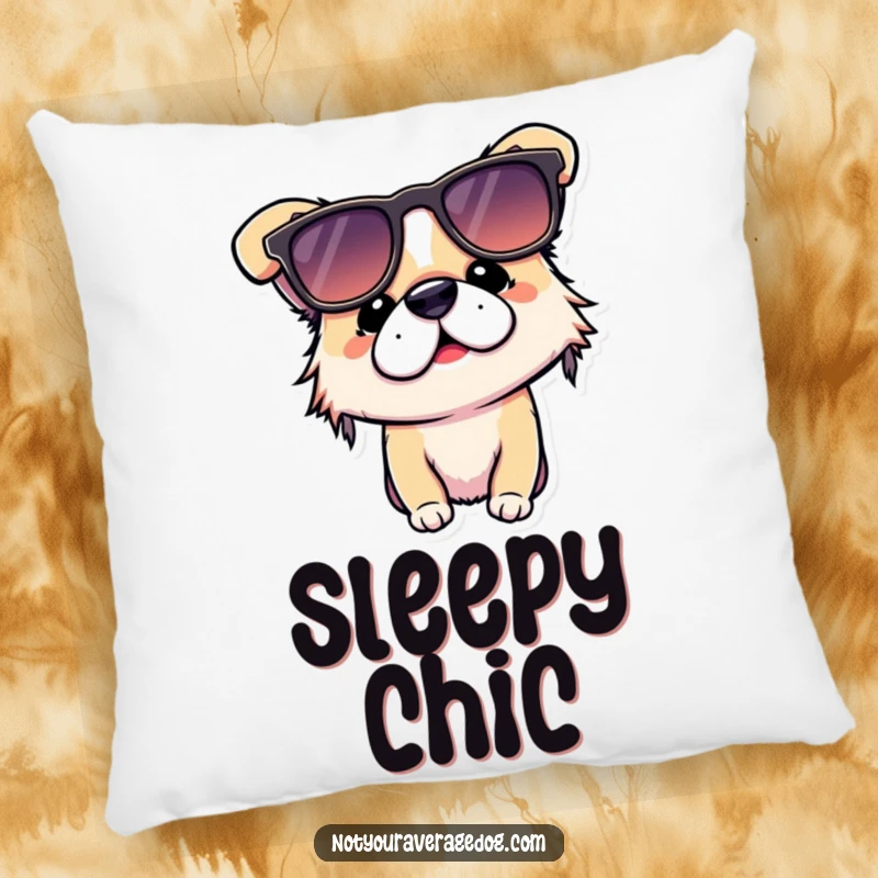 Funny dog pillow showing a dog hilariously wearing sunglasses upside down, adding a touch of pups-gone-wrong humor.