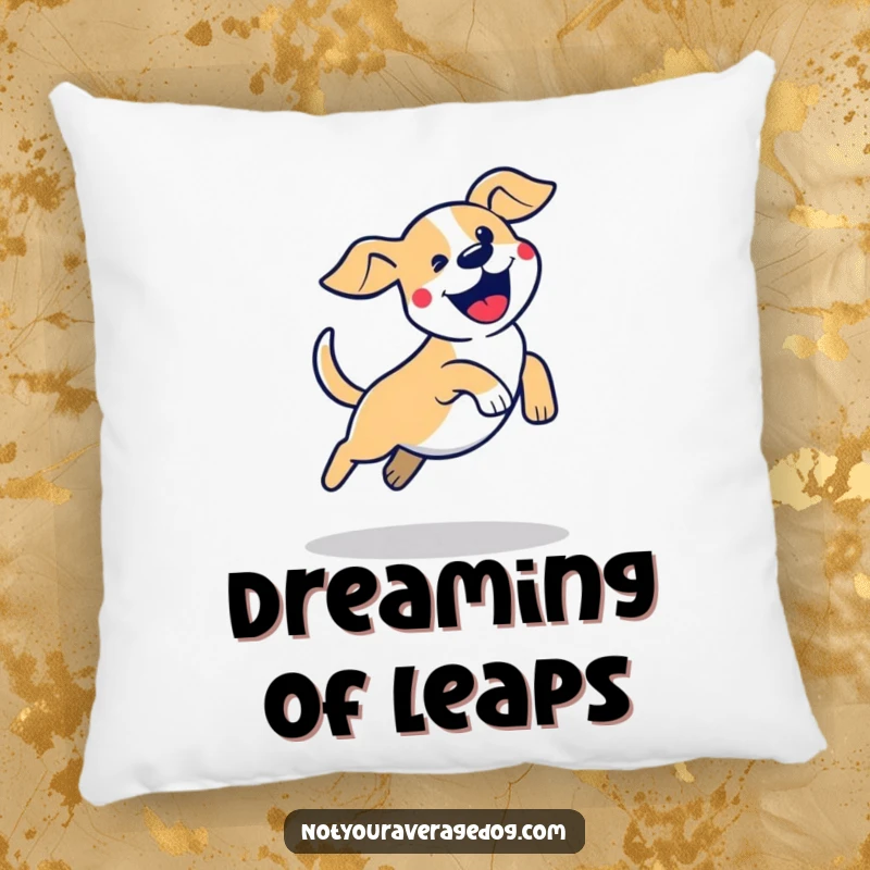 Funny dog jump pillow featuring a stylized dog silhouette in a clumsy, excited jump, perfect for soft, energetic decor.