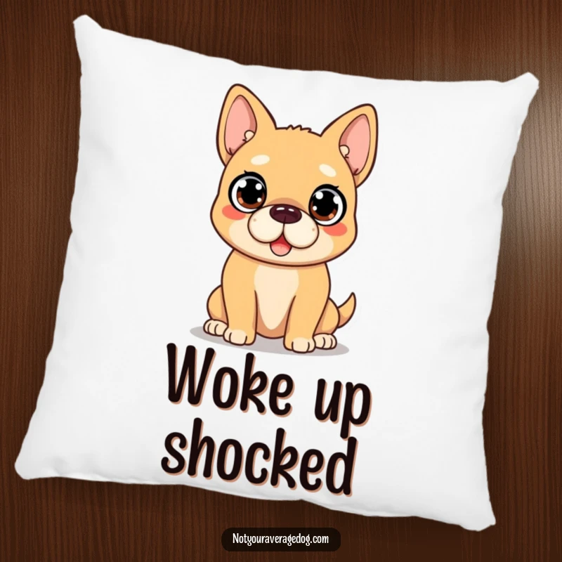 Funny Dog Pillow: Dog's face wears a comically surprised expression with large, wide eyes, a soft humorous accent.