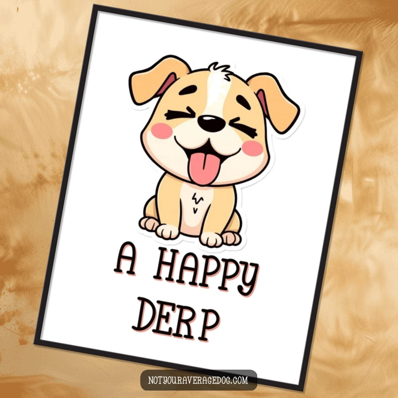 Funny stylized dog character with its tongue hanging out and eyes crossed, a high-resolution digital art print for instant decor.