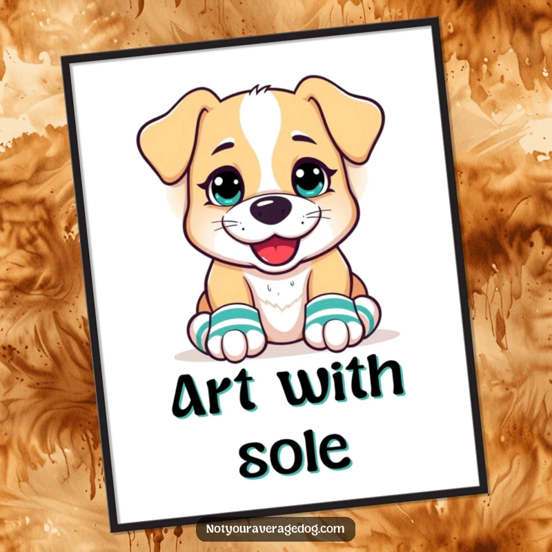 Funny Dog Digital Art Print of a dog with a goofy grin, wearing mismatched socks on its front paws, radiating pure, uninhibited silliness.