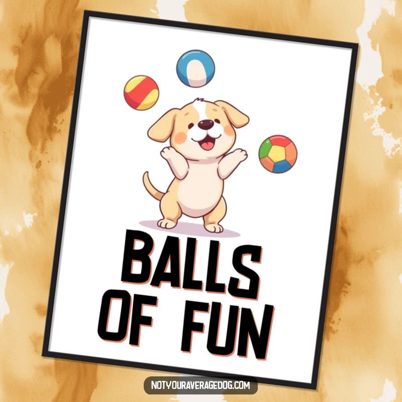 Funny dog character attempting to juggle three mismatched, brightly colored balls, a high-resolution digital art print.