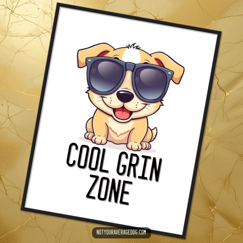 Funny digital art print of a dog wearing oversized, goofy sunglasses with a wide, lop-sided grin, capturing cool silliness.