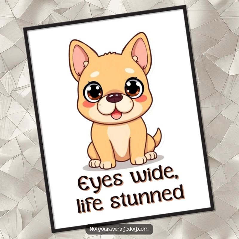 Funny Dog Digital Art Print: Dog face shows comical surprise with large, wide eyes, humorous wall decor.