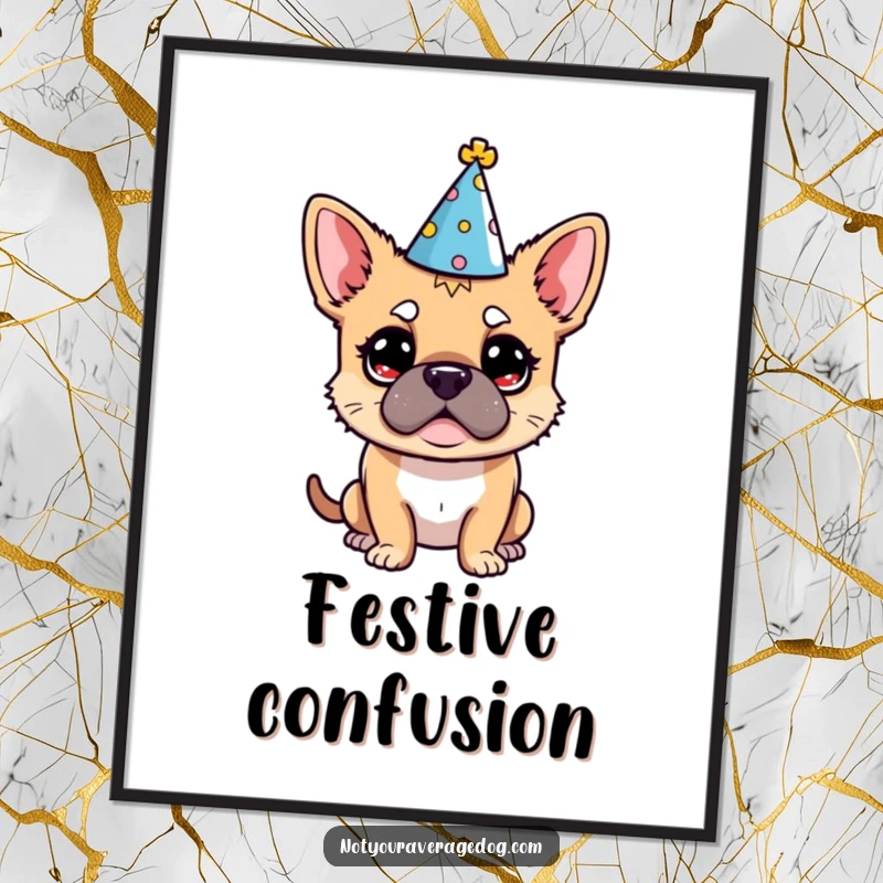 Funny Dog Party Hat Digital Art: A downloadable print of a dog looking comically bewildered in a party hat.