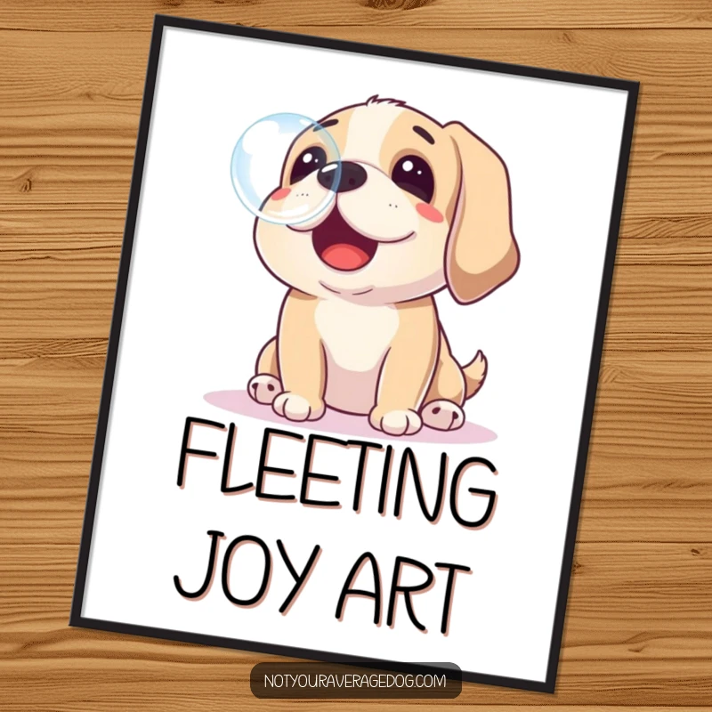 Funny digital art print of a dog playfully trying to catch a soap bubble with its nose, perfect for whimsical decor.
