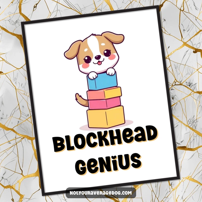 Funny Balancing Dog Digital Art: Dog balancing colorful blocks, printable art for humorous and skillful decor.