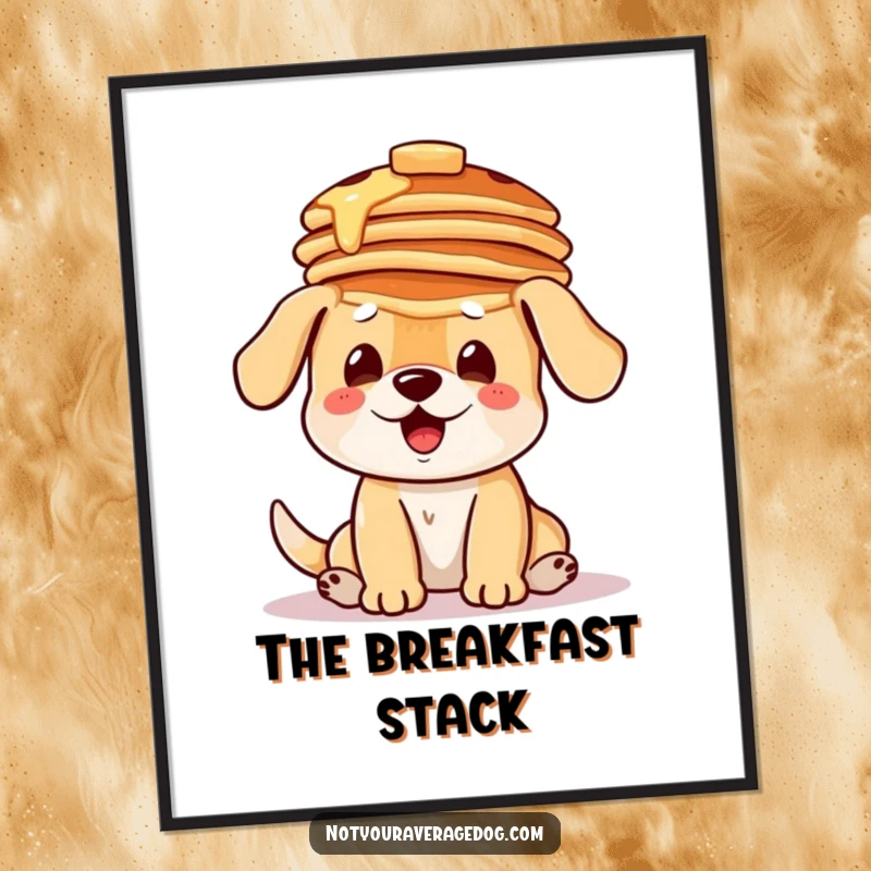 Funny digital art print of a dog comically balancing a stack of pancakes on its head, capturing breakfast silliness.