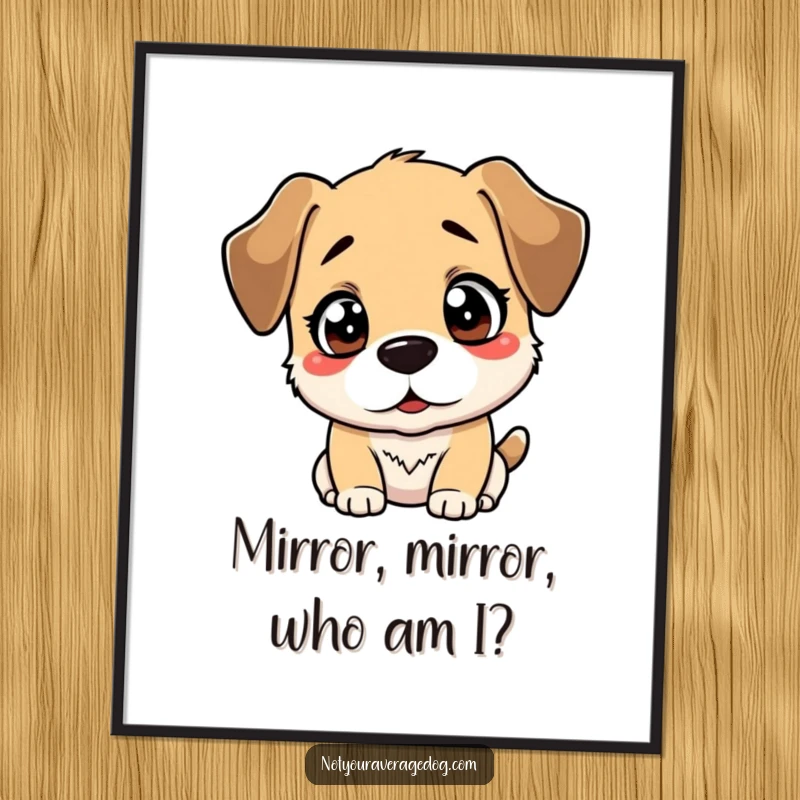 Funny digital art print of a bewildered dog looking at its reflection, capturing a moment of comical self-discovery.