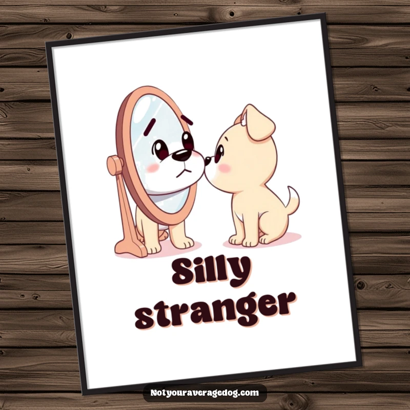 Funny digital art of a dog looking confusedly into a mirror, as if meeting a silly stranger, ideal for wall decor.