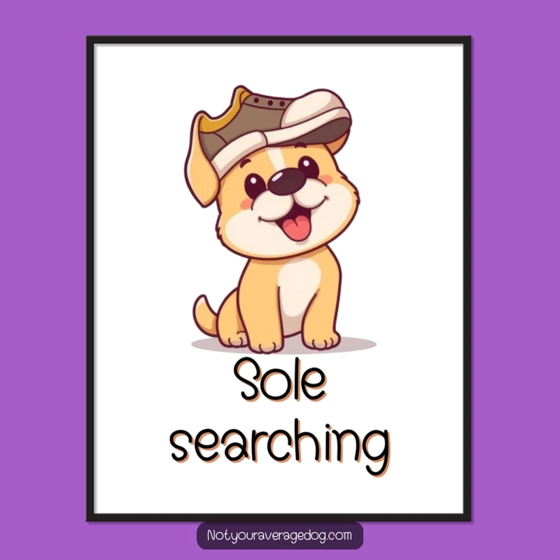 Funny Dog Art Print: Pup Tries Shoe Hat, Whimsical Funny Gift