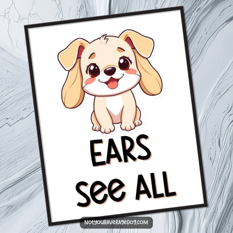 Funny dog digital art print of a joyful dog with wildly expressive ears, capturing a moment of pure, unadulterated canine silliness.