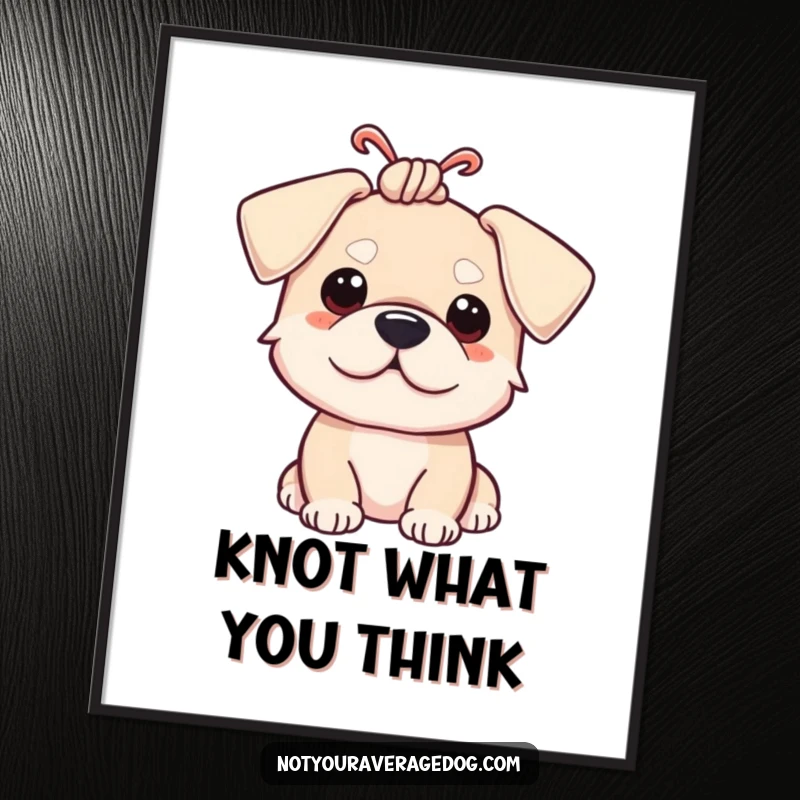 Funny dog with its ears tied in a comical knot, downloadable funny digital art for your walls.