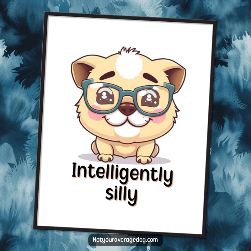 Funny dog glasses digital art print, a silly dog with oversized glasses and a crooked grin, offering instant humor.