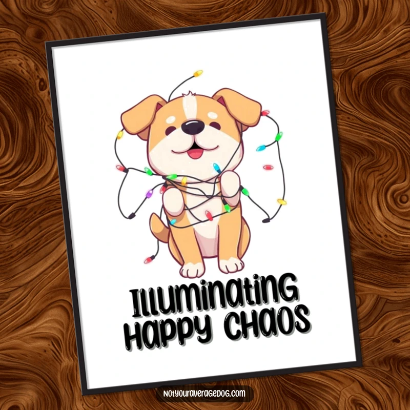 Funny Digital Art Print of a dog adorably tangled in playful, colorful lights, perfect for festive art.