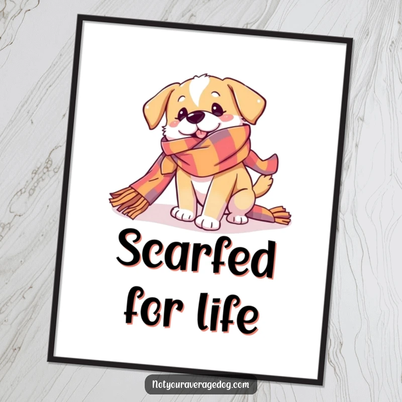 Funny Dog Digital Art Print of a dog playfully getting tangled in a very long, colorful scarf, capturing a moment of pure, delightful canine silliness.