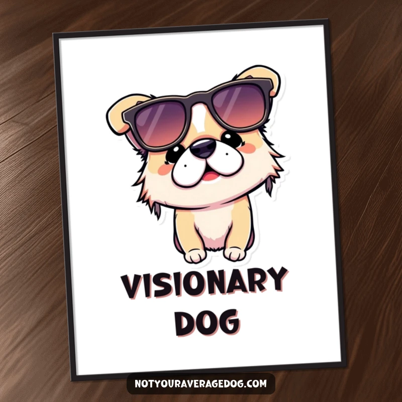 Funny digital art print shows a dog adorably wearing sunglasses completely upside down, radiating hilarious cluelessness.