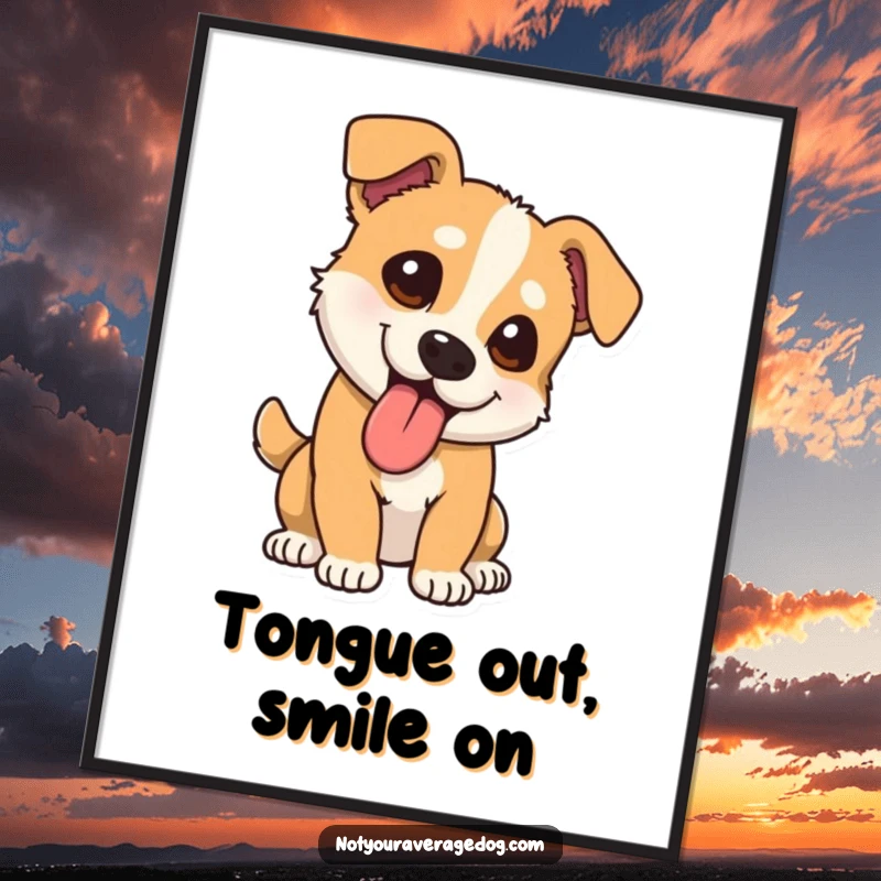 Funny dog digital art print with tongue lolling out at a comical angle, capturing canine silliness for humorous wall decor.