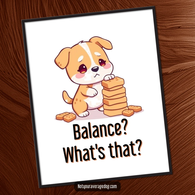 Funny confused dog balancing many dog treats, as a digital art print.