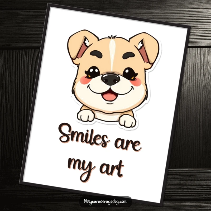 Funny digital art print of a dog with exaggerated, squiggly eyebrows and a wide smile, adds expression.