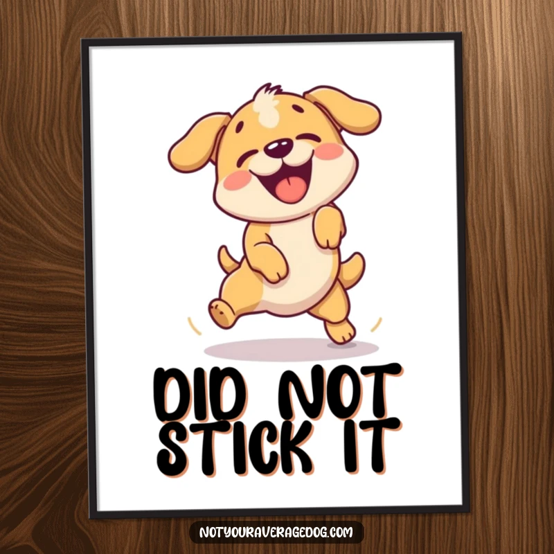 Funny digital art print of a dog enthusiastically failing a simple jump, ready to inspire.