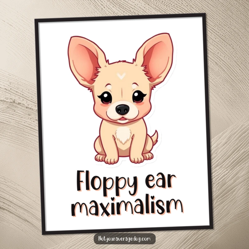 Funny Digital Art Print of a dog with exaggerated floppy ears in a wildly amusing, bouncing pose, perfect for colorful wall decor.