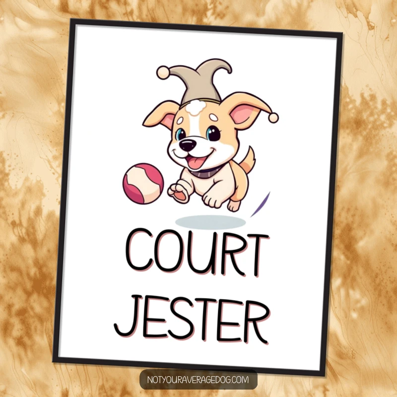 Funny Jester Dog Digital Art: Dog in a jester hat chasing a bouncing ball, printable art for playful decor.