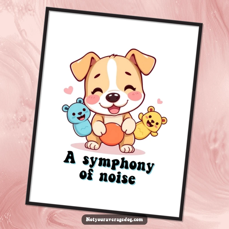 Funny dog digital art of a character juggling three squeaky toys, perfect for lively wall decor.