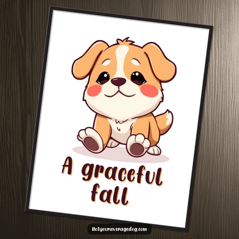 Funny dog digital art of a character tripping over its own feet with a comical expression, perfect for home decor.