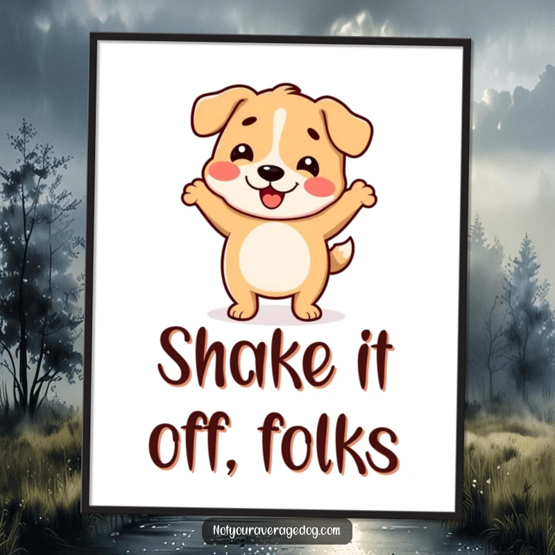 Funny digital art print of a dog with a wiggly body performing a hilarious dance.