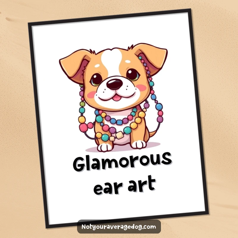 Funny digital art print of a dog with its ears tangled in colorful beads, perfect for whimsical and humorous wall decor.